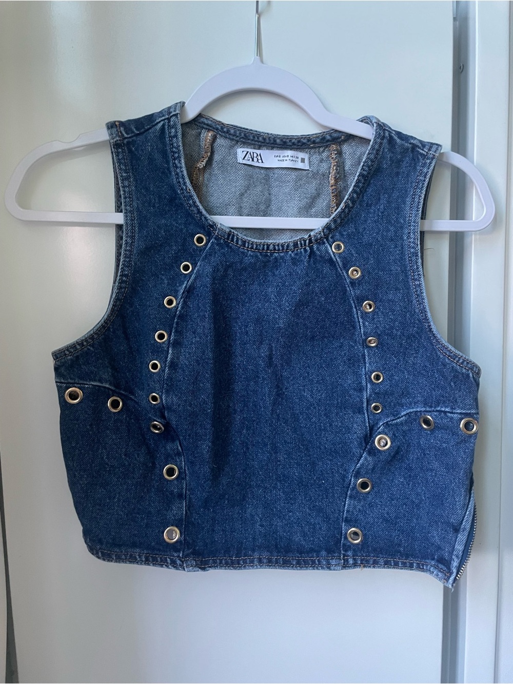 Zara Light Blue Denim Top with Gold Eyelet Trim